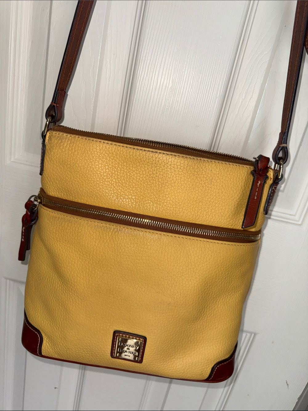 Dooney & Bourke Yellow Pebble Leather Crossbody with Brown Trim
